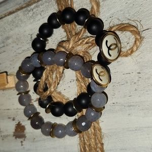 Buffalo Horn/Opal beaded with repurposed designer button bracelet.